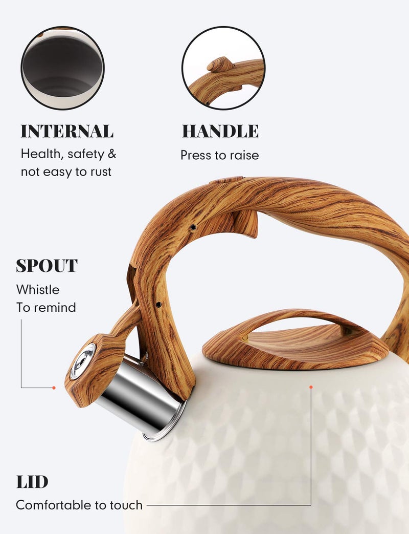 BELANKO Tea Kettle  2.7 Quart / 3 Liter BELANKO Stainless Steel Kettles for Stove Top  Food Grade Teapot with Wood Pattern Handle Loud Whistling for Coffee  Milk etc  Gas Electric Applicable - Milk White - Image 4